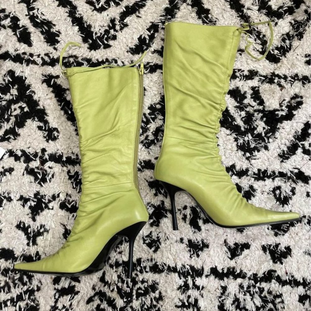 Leather Lime Green Heeled Dress Boots: Dopamine Dressing Street Fashion